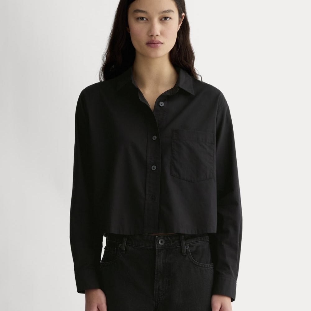 Everlane Shirt Womens Black Button Up The Silky Cotton Way Short Crop NEW